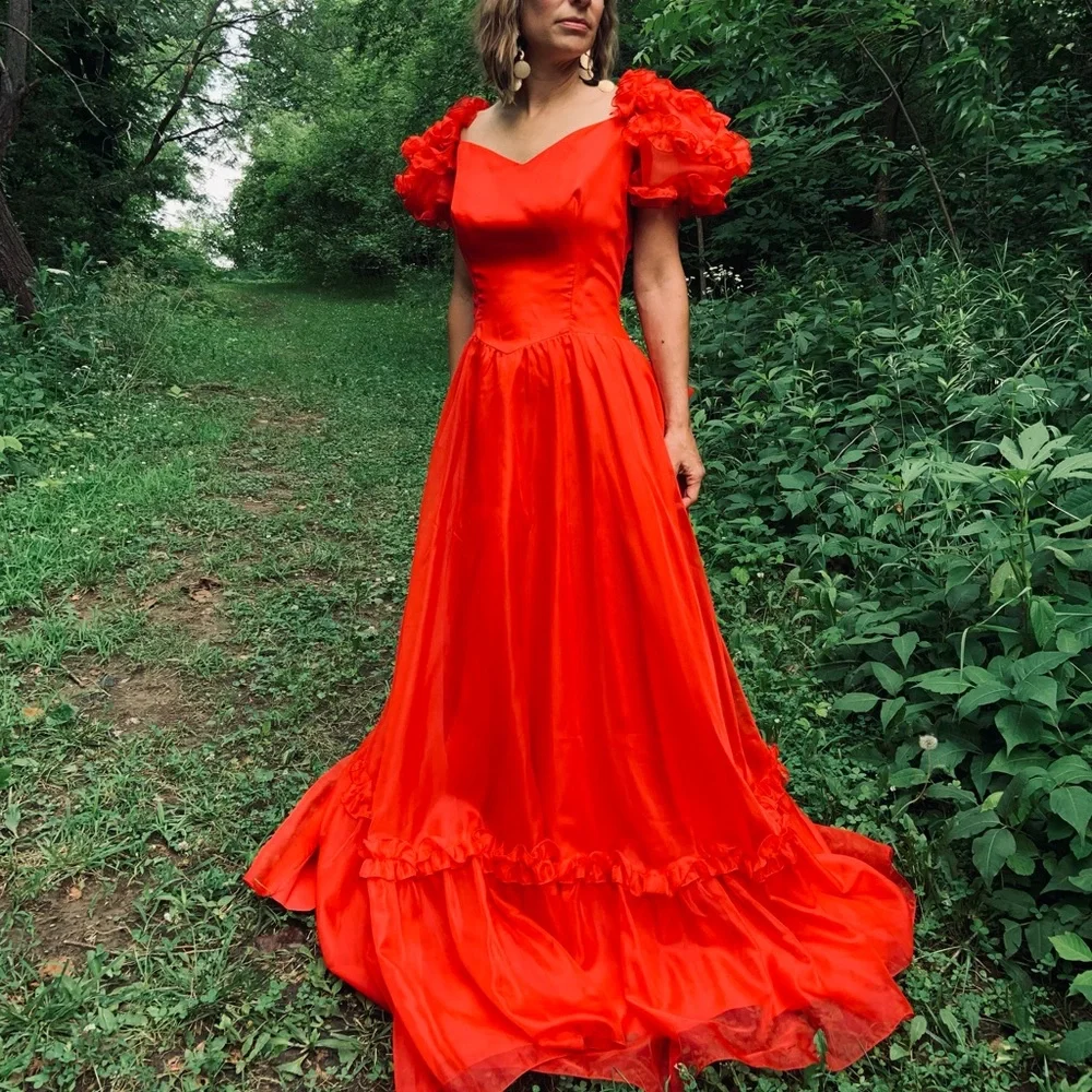 Vintage Red Gown with Puff Sleeves - Picture 1 of 12